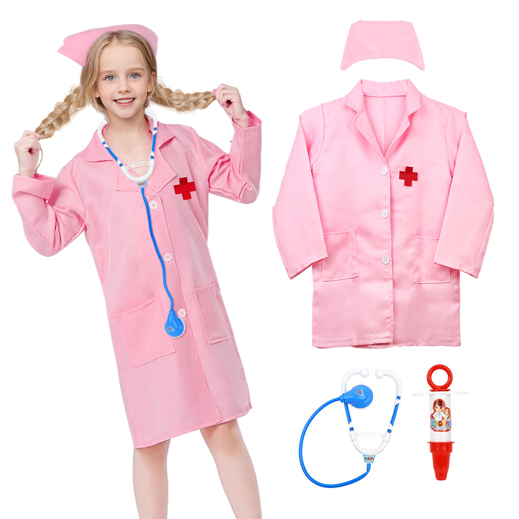 PATPAT Fancy Doctor Dress for Kids 5-6 Years Girls, Pink Nurse Dress for Kids Girls with Nurse Cap, Stethoscope, Mask, Injection - Cosplay Role Play, Special Events Party Career Exploration Costume PATPAT Fancy Doctor Dress for Kids 5-6 Years Girls, Pink Nurse Dress for Kids Girls with Nurse Cap, Stethoscope, Mask, Injection - Cosplay Role Play, Special Events Party Career Exploration Costume